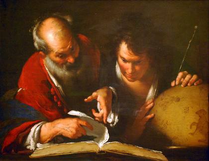 eratosthenes with student in the library of alexandria