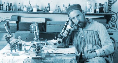 in the mid-1880s in his laboratory with his favorite tool - his microscope.